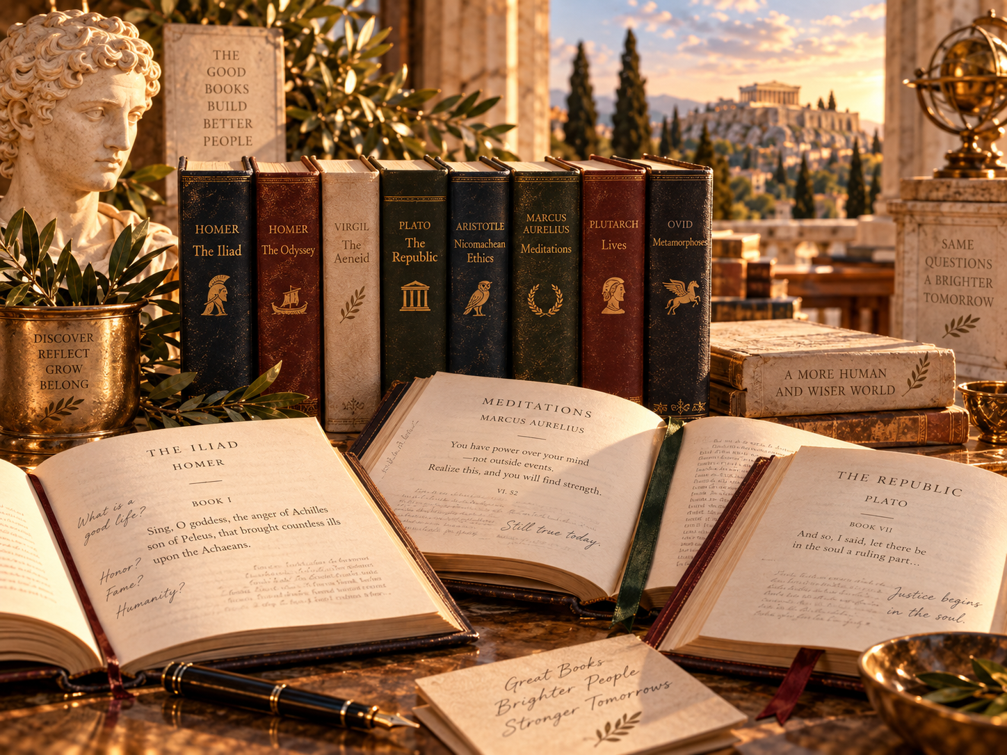 A warm still life of classical books arranged in golden light.