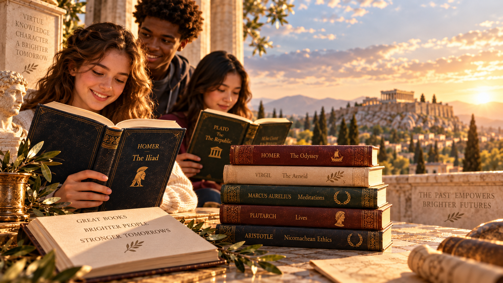 Students reading and discussing classical books in warm light.